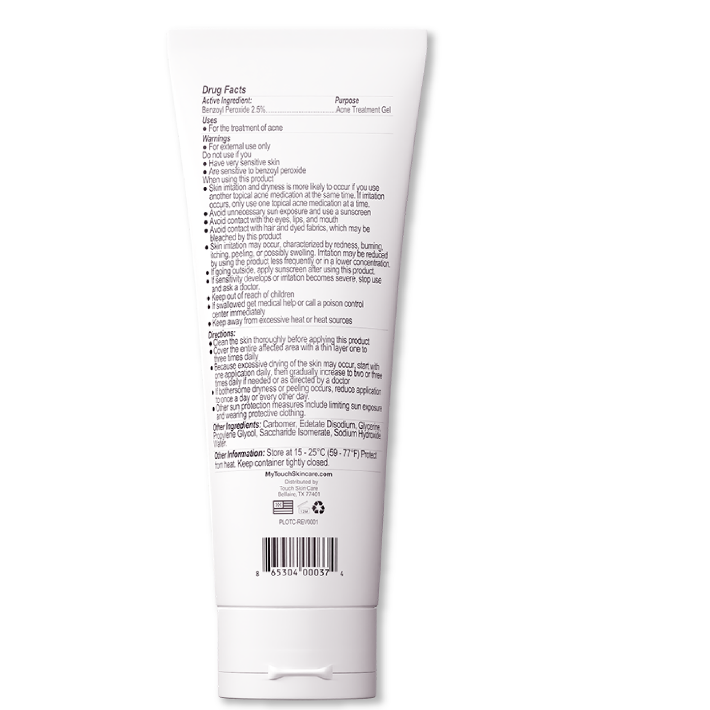 Touch skin care acne gel back label
