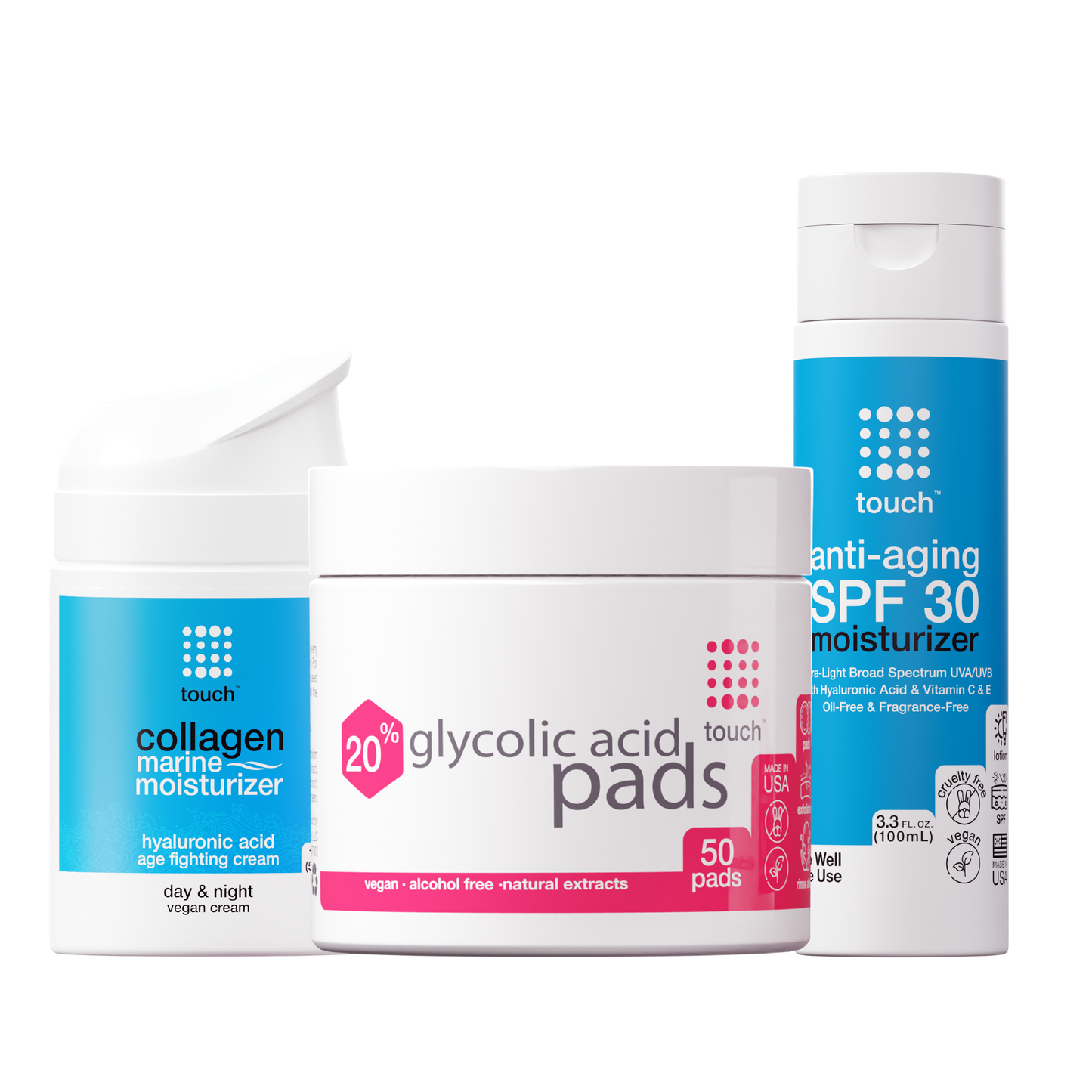 Anti-Aging Bundle - Glycolic Acid Pads, Collagen Moisturizer, SPF30