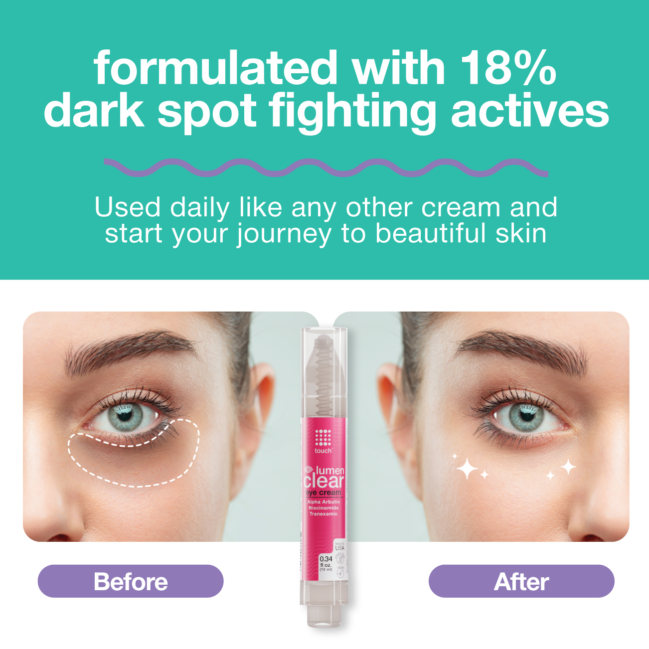 Touch Lumen Clear Eye Cream - Alpha Arbutin Niacinamide Tranexamic Acid Cream for Dark Circles Fine Lines Wrinkles and Puffiness 0.34 oz